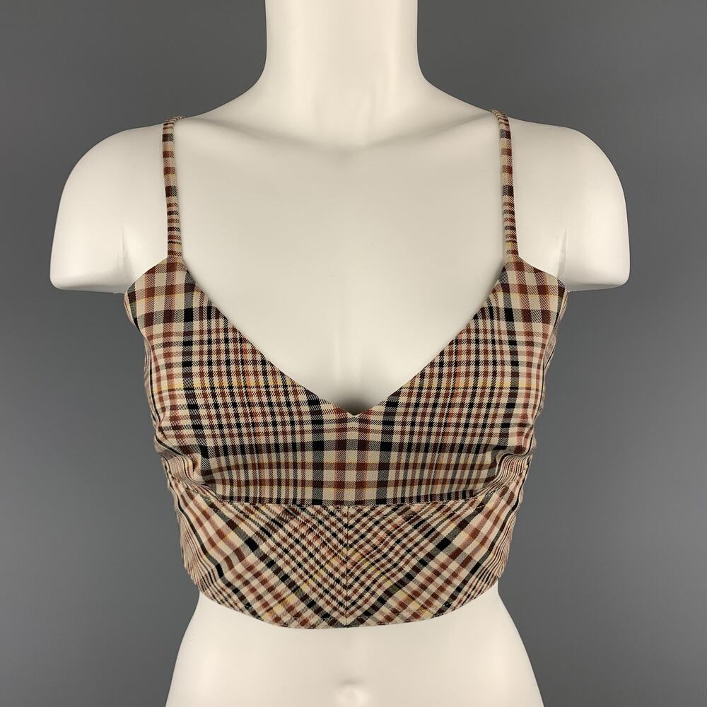 DEVEAUX New York Size 8 Beige & Burgundy Plaid Cotton Shell Bralette Top
